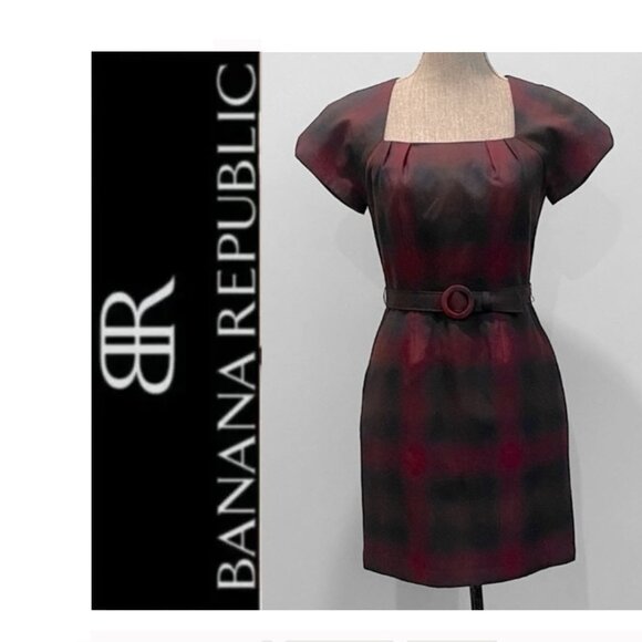 Banana Republic Size 4 Black Red Plaid Mini Dress 60s Mod Belted - Picture 16 of 16